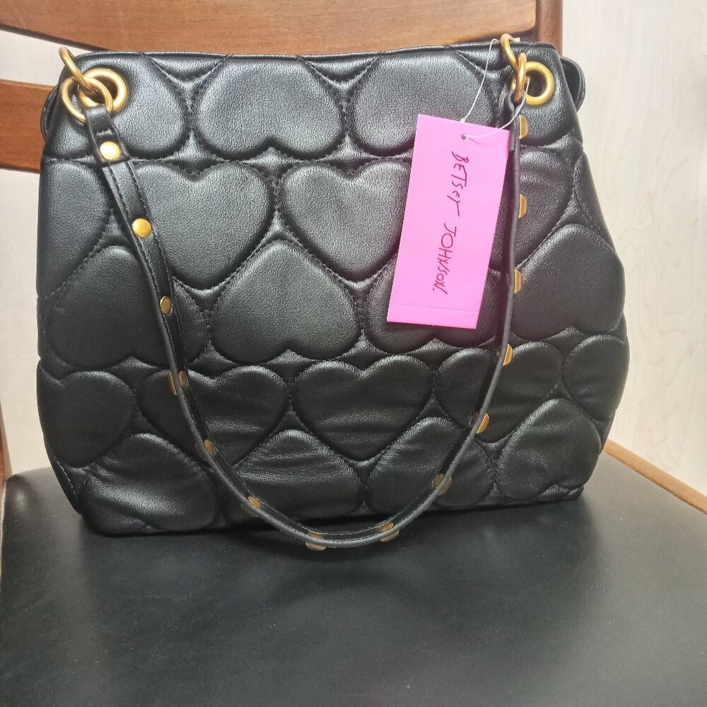 Betsey Johnson Black Heart Quilted Leopard Inside Tote Bag - Picture 3 of 6